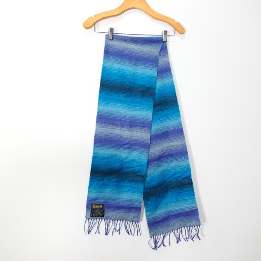 BORU‎ Wool Scarf Blue Ombre Shawl Wrap Ocean Fringes Boho FRANCE 9x33